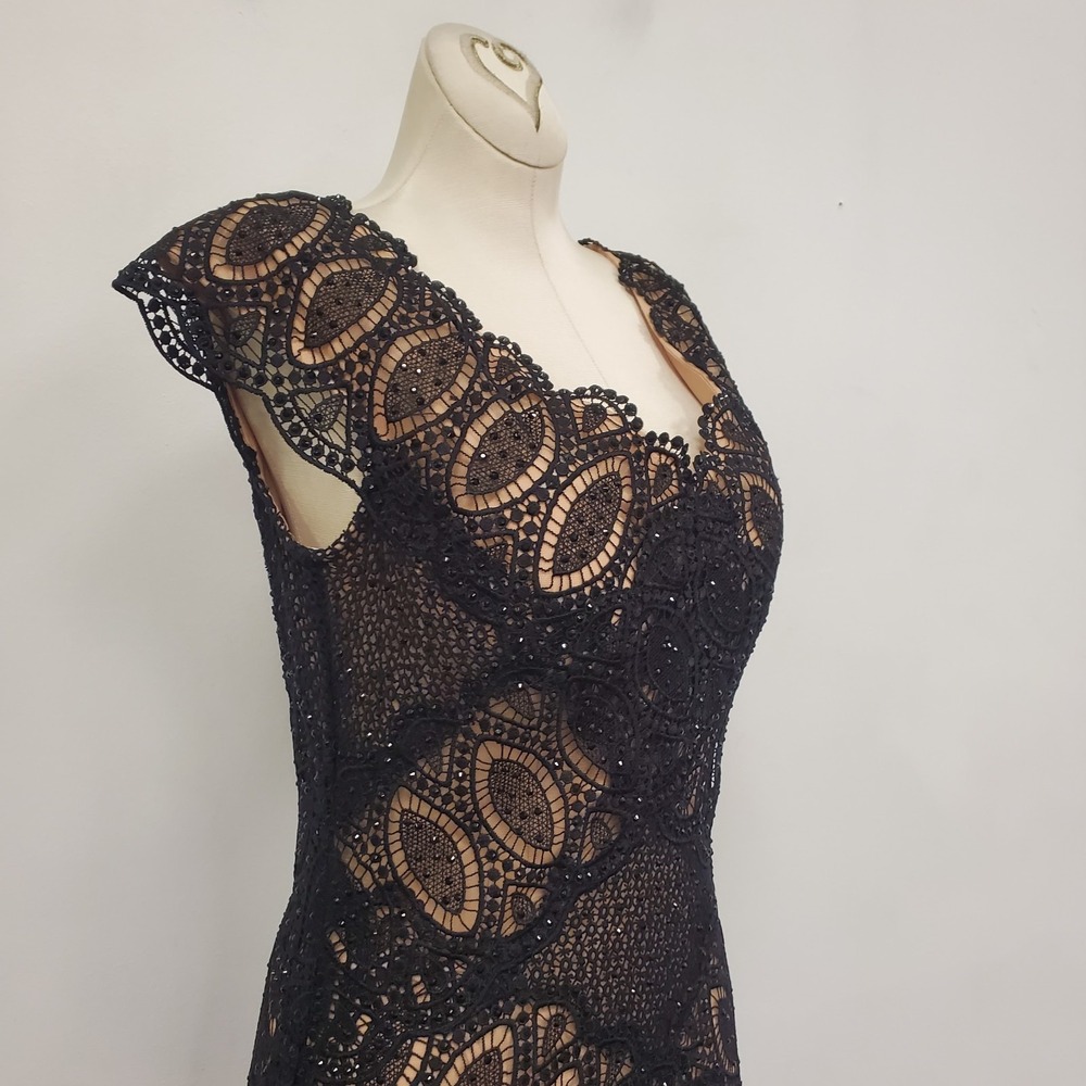 Jovani Womens Black Beaded Lace Overlay Nude Midi Dress Size 4 Elegant‎ Event - Picture 2 of 16